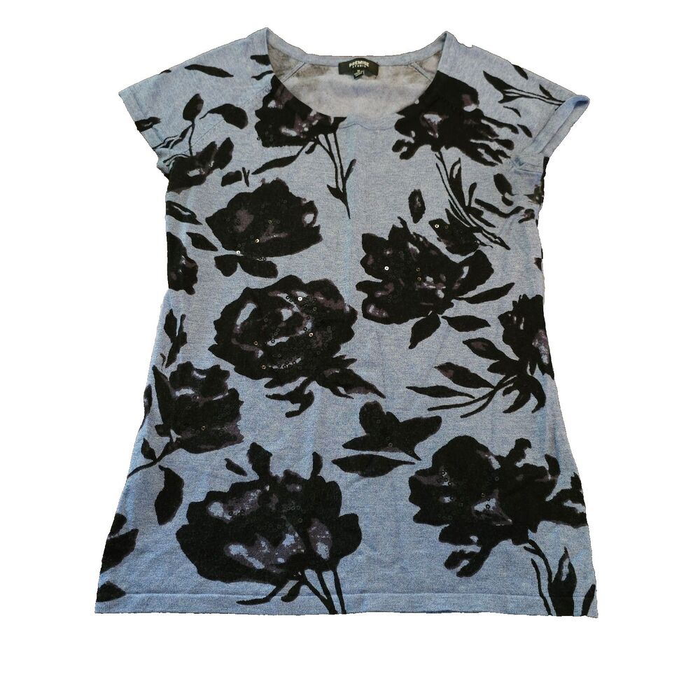 Size M Short Sleeve Lightweight Sweater Black Floral Print Sequins Goth